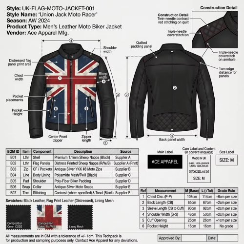 OEM Men's Distressed Leather Biker Jacket Custom Vintage UK Flag Printed Motorcycle Coat