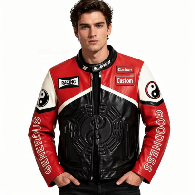 OEM Men's Contrast Leather Racing Jacket Custom Embossed Applique Embroidery Biker Jacket for Men