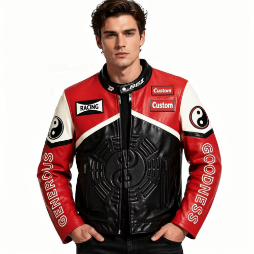 OEM Men's Contrast Leather Racing Jacket Custom Embossed Applique Embroidery Biker Jacket for Men