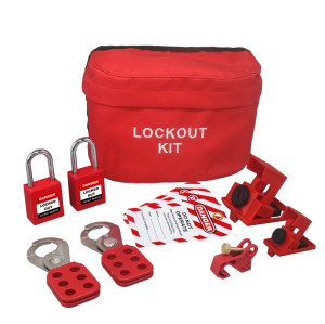 Breaker Lockout Sampler Pouch Kit with 3-circuit breaker lockout | Red Color Portable Basic Lockout Kits | Lita Lock OEM Manufacturing