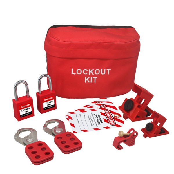 Breaker Lockout Sampler Pouch Kit with 3-circuit breaker lockout | Red Color Portable Basic Lockout Kits | Lita Lock OEM Manufacturing