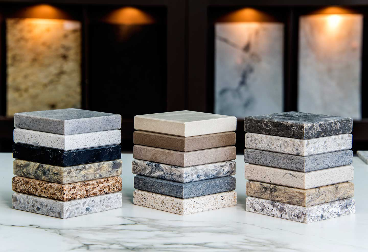 granite, quartz surfaces, marble, limestone, concrete, and sintered slabs