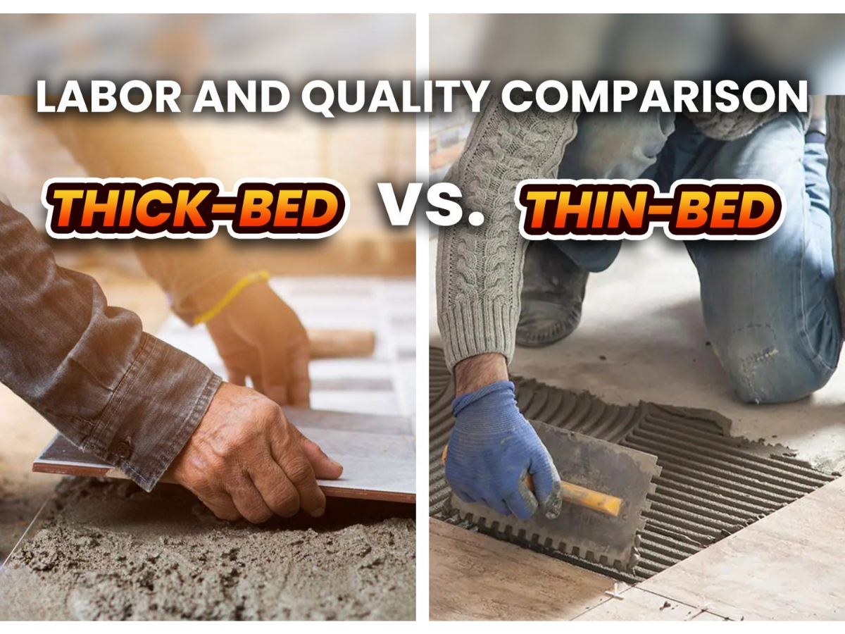 Illustration of modern thin-bed tile installation showing a flat wall and specialized tools