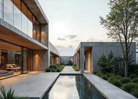 High-end residential villa courtyard with thick porcelain tile flooring