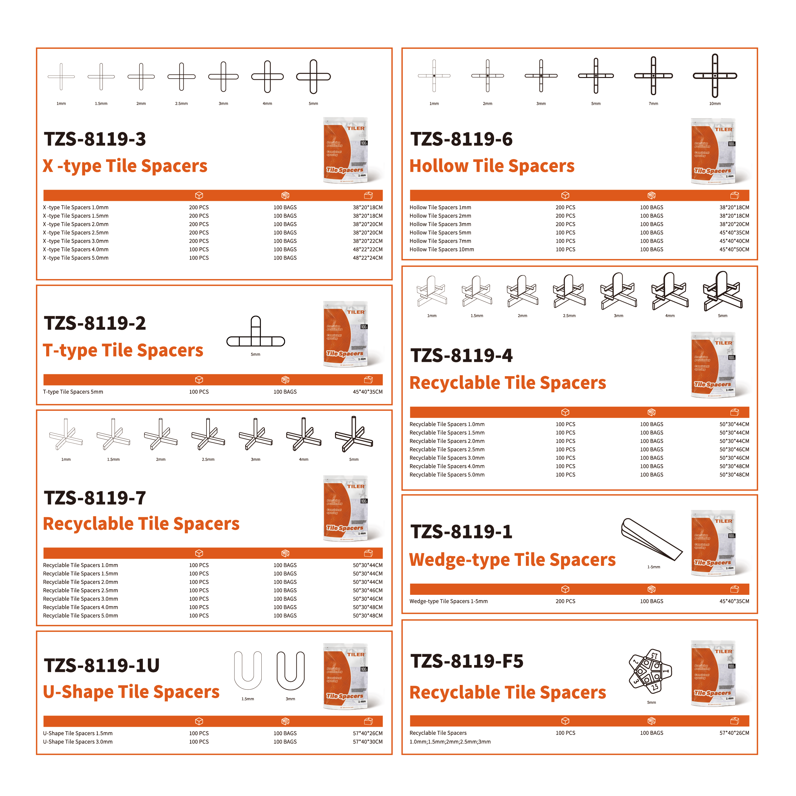 TILER tile spacers — 8 models for every tile joint application