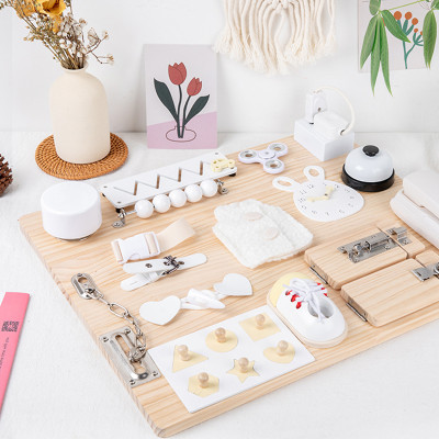 White Busy Board,Tools,Busy style,Function,Wooden Toy， Educational，2-4Players,Rotary music box, Fidget spinner, Shape pairing ,Trolley travel, Bead cognition ,Twist button, Lace up, Belt up, Strap,  Wiping, Press the meal bell ,Telephone,OEM, ODM,Gift for Kids Girls Boys 3 4 5 6 7 Years