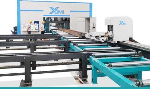 Outfeed conveyor and finished workpiece storage area of the YOMI 3D beam drilling line