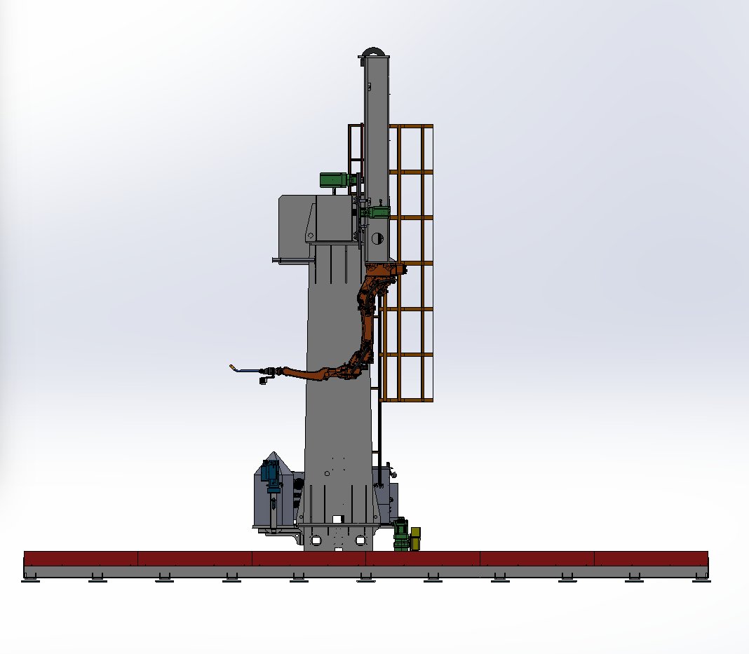 Side elevation of the YOMI cantilever welding robot showing the Z-axis slide and rail
