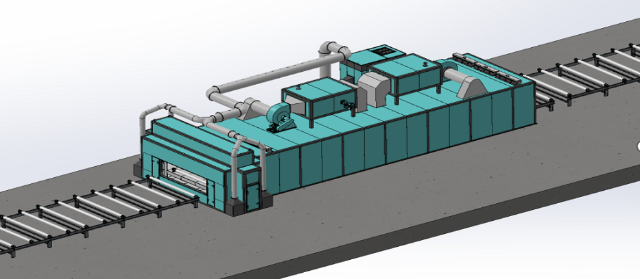 YOMI PT3070 automatic painting line 3D layout with enclosed painting and drying chambers and roller conveyors