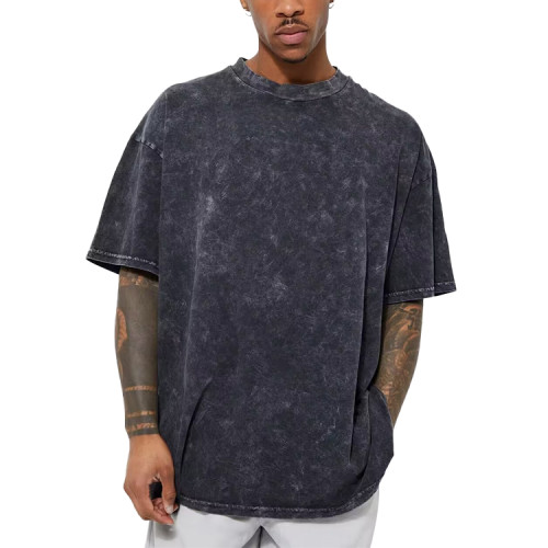 Casual Crew-neck Tee Men 100% Cotton Custom Print Streetwear Oversized M Acid-Wash Graphic T-shirt