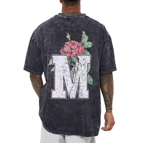 Casual Crew-neck Tee Men 100% Cotton Custom Print Streetwear Oversized M Acid-Wash Graphic T-shirt