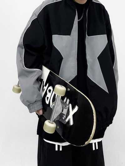 Custom Printed Bomber Windbreaker Waterproof Custom Star Printing Stand Collar Sports Zip Up Jacket