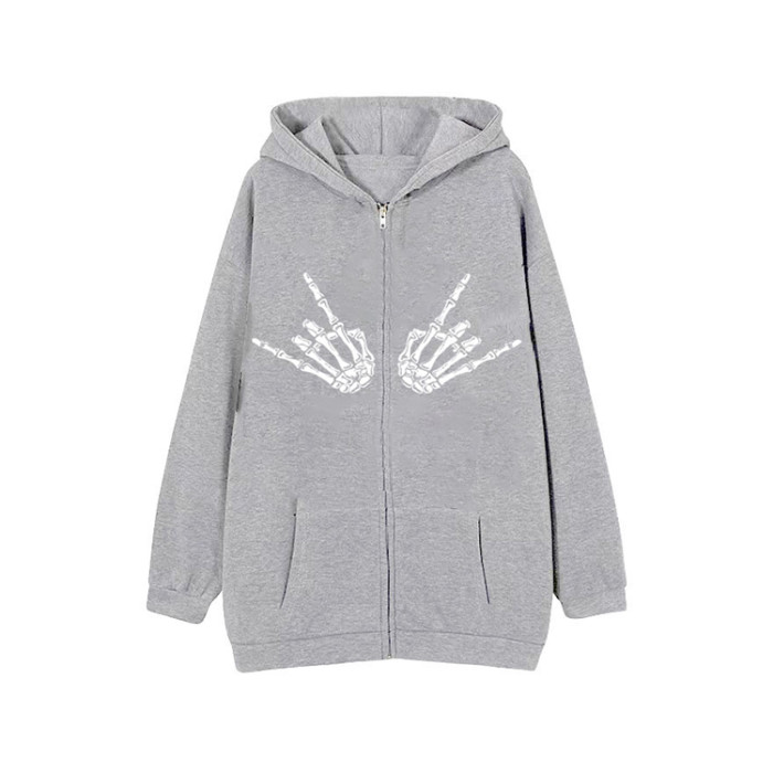 Custom Zipper Hoodie Punk-inspired Hand Bone Print Hoodie Fleece Hoodie