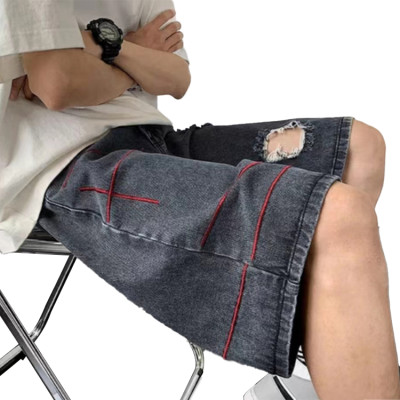 Custom mens summer denim shorts slim straight distress washed shorts retro loose casual five-point pants