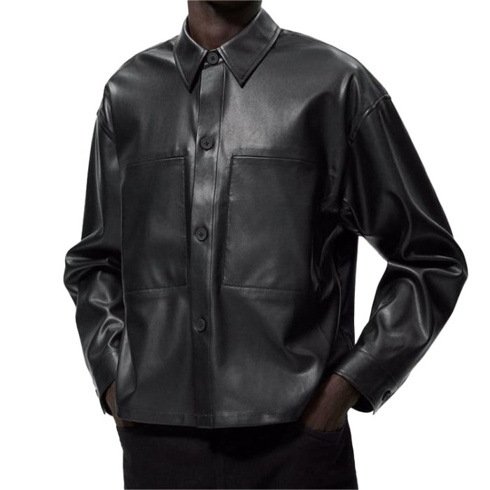 Customized men's high quality vintage large pocket button leather lapel casual loose short jackets