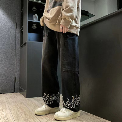 Custom men's retro loose casual straight jeans slightly elastic New youth popular tide washed embroidery sparks jeans pants