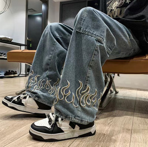 Custom men's retro loose casual straight jeans slightly elastic New youth popular tide washed embroidery sparks jeans pants