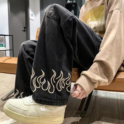 Custom men's retro loose casual straight jeans slightly elastic New youth popular tide washed embroidery sparks jeans pants