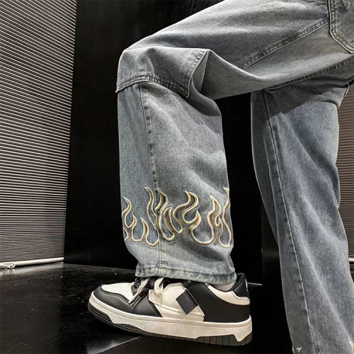 Custom men's retro loose casual straight jeans slightly elastic New youth popular tide washed embroidery sparks jeans pants