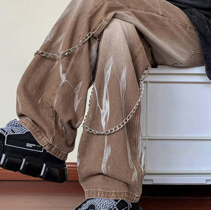 Custom men's retro loose casual straight jeans slightly elastic New youth popular tide washed jeans pants with chain