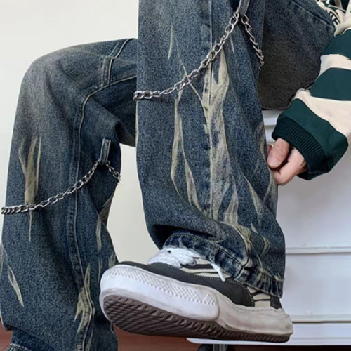 Custom men's retro loose casual straight jeans slightly elastic New youth popular tide washed jeans pants with chain