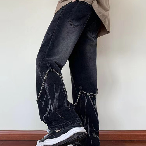 Custom men's retro loose casual straight jeans slightly elastic New youth popular tide washed jeans pants with chain