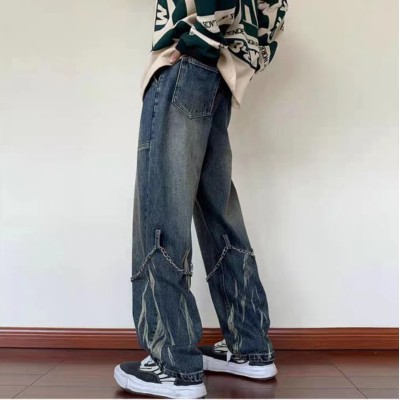 Custom men's retro loose casual straight jeans slightly elastic New youth popular tide washed jeans pants with chain