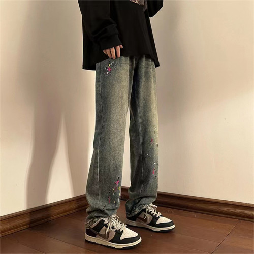 Custom men's retro loose casual straight jeans slightly elastic New youth popular tide washed jeans pants