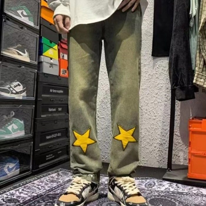 Custom men's retro loose casual straight jeans slightly elastic New youth popular star patch embroidery washed jeans pants