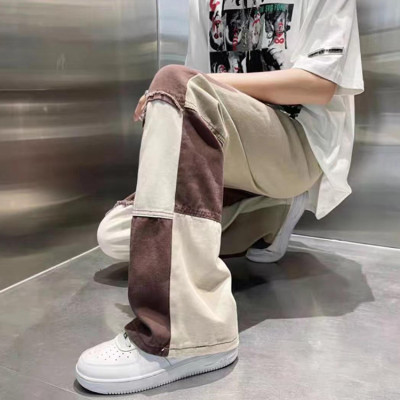 Custom men's jeans retro loose casual straight micro-elastic new splicing washed denim trousers