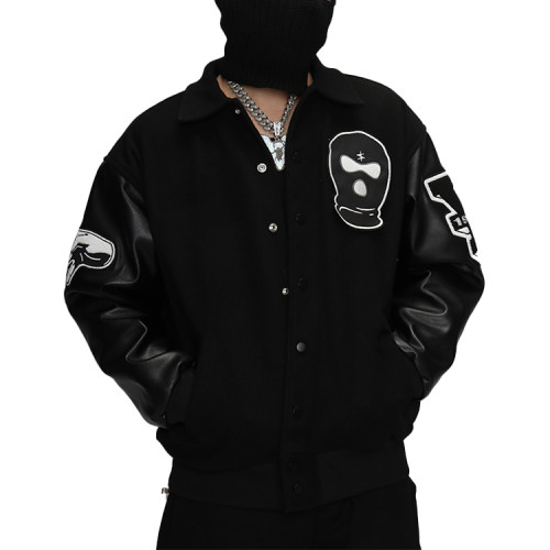 Custom Classic black and white leather sleeves with cotton velcro baseball uniform men's heavyweight jacket