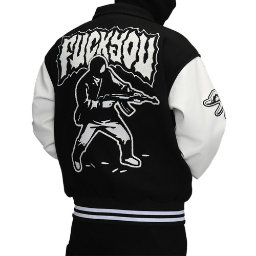 Custom Classic black and white leather sleeves with cotton velcro baseball uniform men's heavyweight jacket