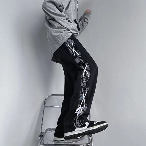 Custom men's drawstring elastic waist printed streetwear pants street style fashion comfortable stretch  pants Cashew Blossom Design