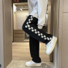 Custom men's drawstring elastic waist printed checkerboard grids sports pants street style stretch sports pants