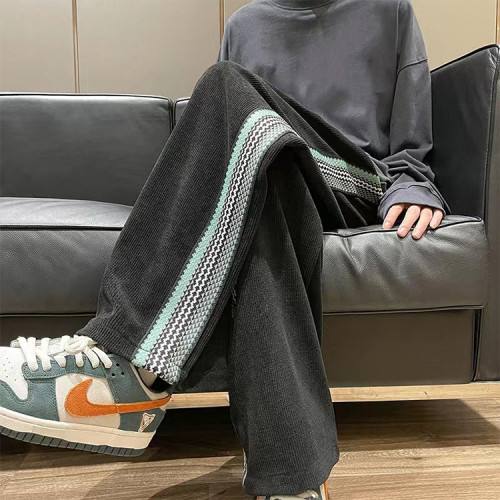 Custom men's drawstring elastic waist striped stitching sports pants street style stretch sports pants