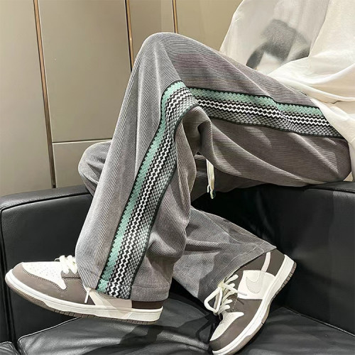 Custom men's drawstring elastic waist striped stitching sports pants street style stretch sports pants