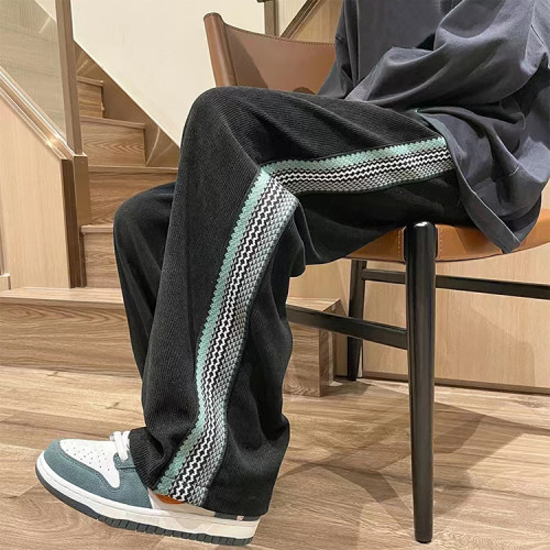 Custom men's drawstring elastic waist striped stitching sports pants street style stretch sports pants