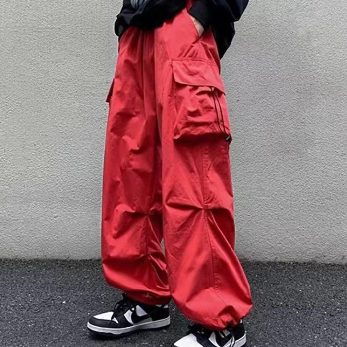 Custom men's loose-fitting casual cargo pants oversized drawstring nylon / polyester cargo pants