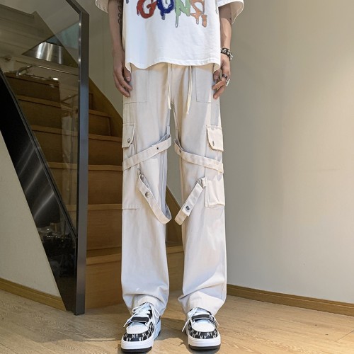 Custom men's fasion streetwear drawstring cargo pants men's spring and summer multi-pocket straight long pants