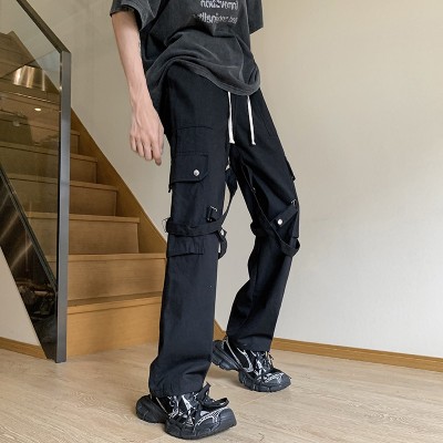 Custom men's fasion streetwear drawstring cargo pants men's spring and summer multi-pocket straight long pants