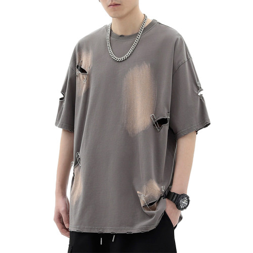 Custom men's hiphop summer pin decorated washed short-sleeved T-shirts men's  oversize half-sleeve shirts