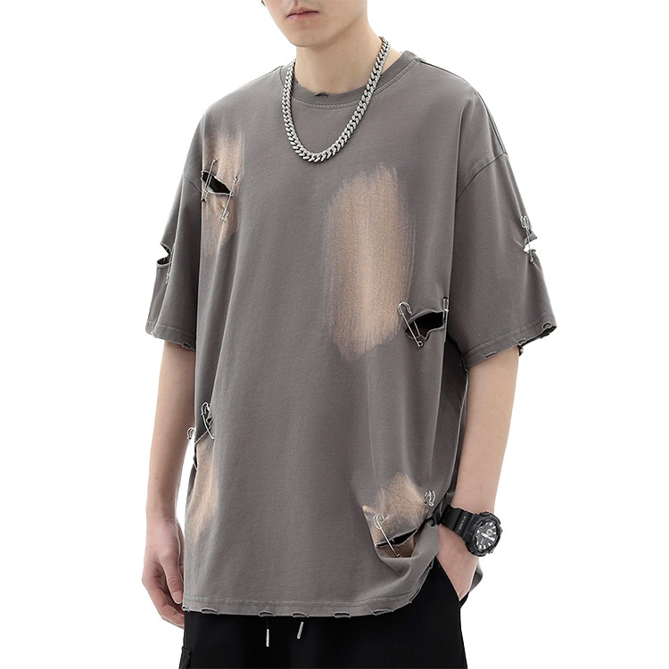  hiphop summer pin decorated washed short-sleeved T-shirts 