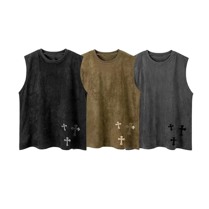 Custom retro wash cross print suede sports undershirt/vest men's original trend street hiphop sleeveless T-shirt