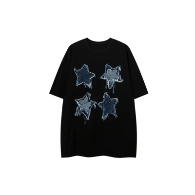 Custom men's star denim patch embroidery short sleeve summer skateboard oversized Tees