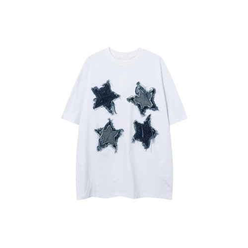 Custom men's star denim patch embroidery short sleeve summer skateboard oversized Tees