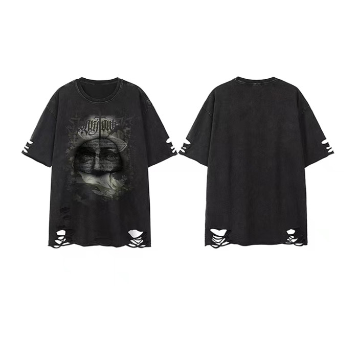Custom men's summer dark T-shirt oversized loose heavyweight 100% cotton large pattern distress short sleeve
