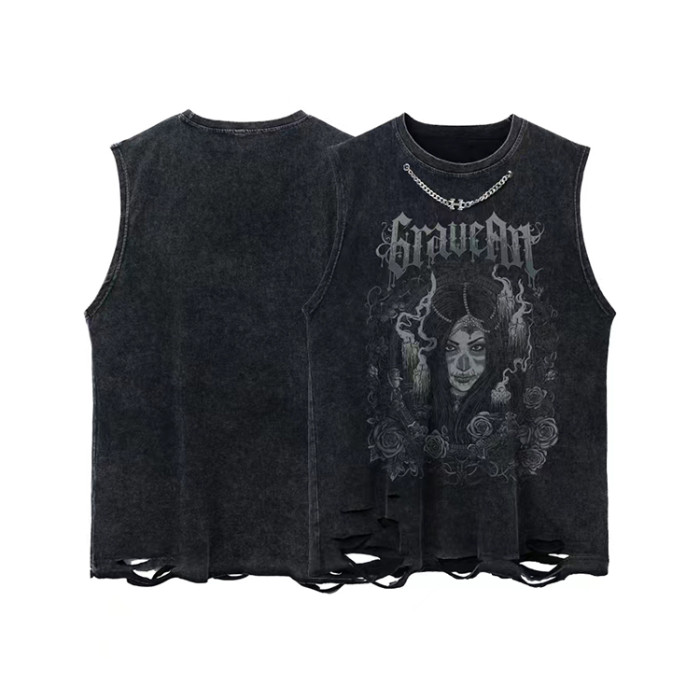 Custom men's summer dark vests oversized loose heavyweight 100% cotton large pattern distress sleeveless tees