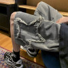 Custom mens summer skateboard denim shorts star embroidered loose shorts with waist rope