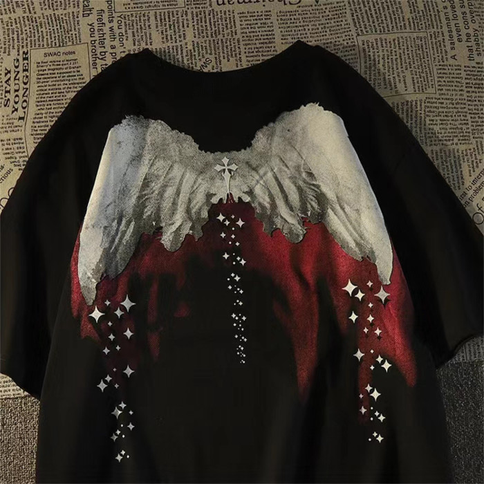 Custom men's summer printing wing T-shirt oversized loose heavyweight 100% cotton high-quality breathable short-sleeved