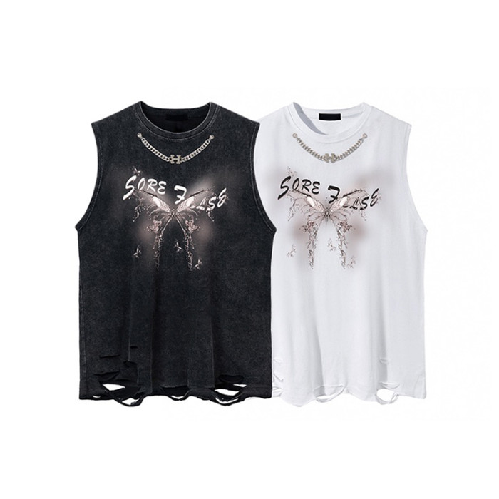 Custom men's summer vests oversized loose heavyweight 100% cotton butterfly print large pattern distress sleeveless tees
